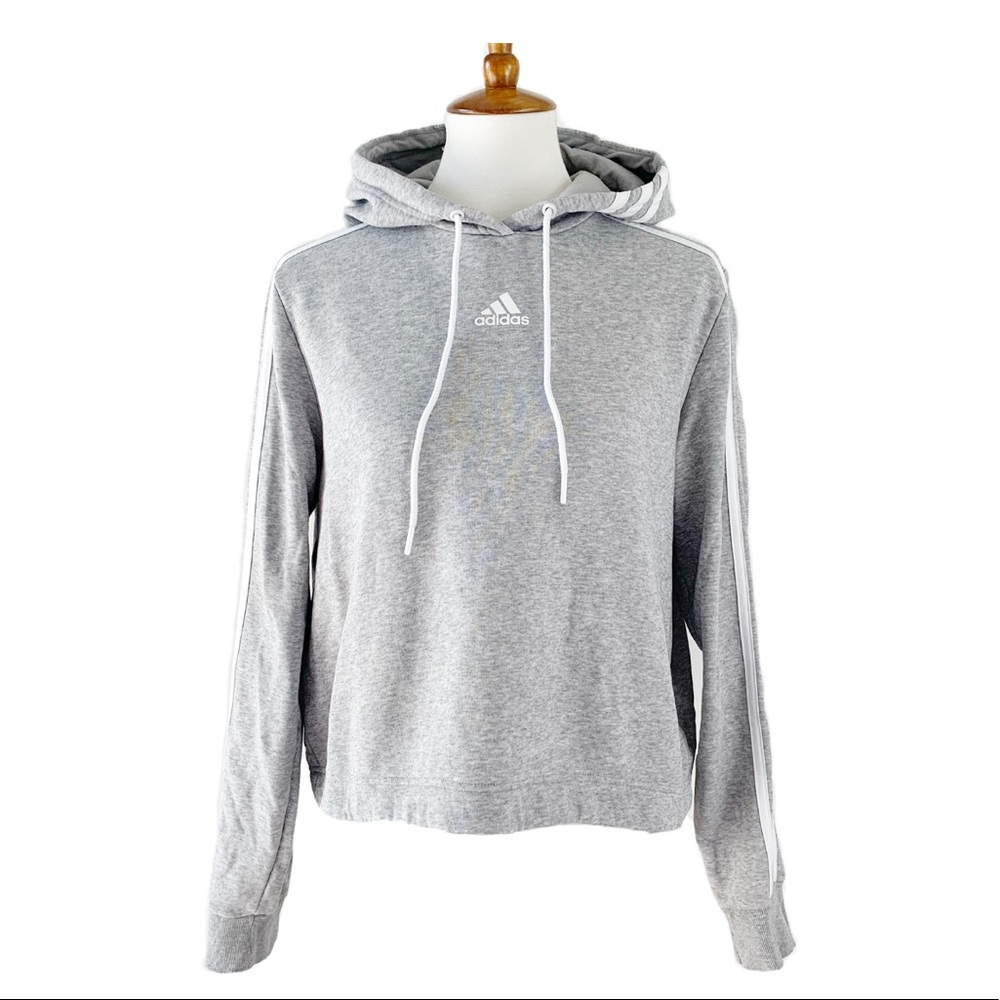 Adidas Cropped Hoodie Large Gray 3 Stripe